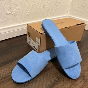 Blue microsuede slide sandals